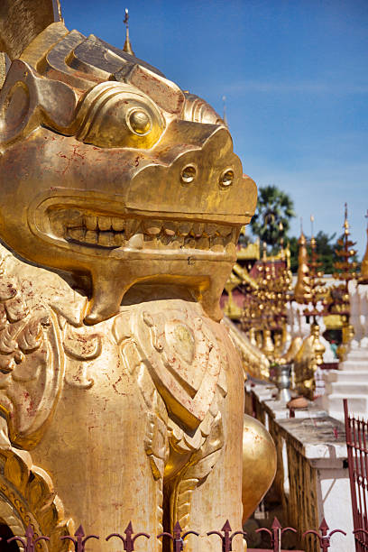 león de oro del shwezigon pagoda en bagan, myanmar. - burmese culture myanmar gold lion fotografías e imágenes de stock
