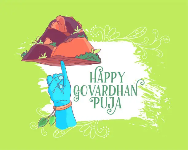 Vector illustration of happy govardhan pooja spiritual background with brush stroke effect