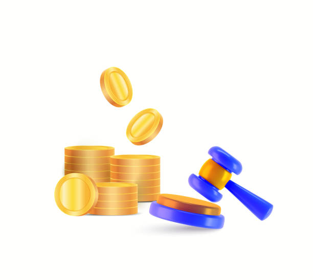 istock 3d auction clipart concept. 3d rendered auction hammer with stacks of coins, isolated on white background. Court and lawyer fee vector illustration. 1747652196
