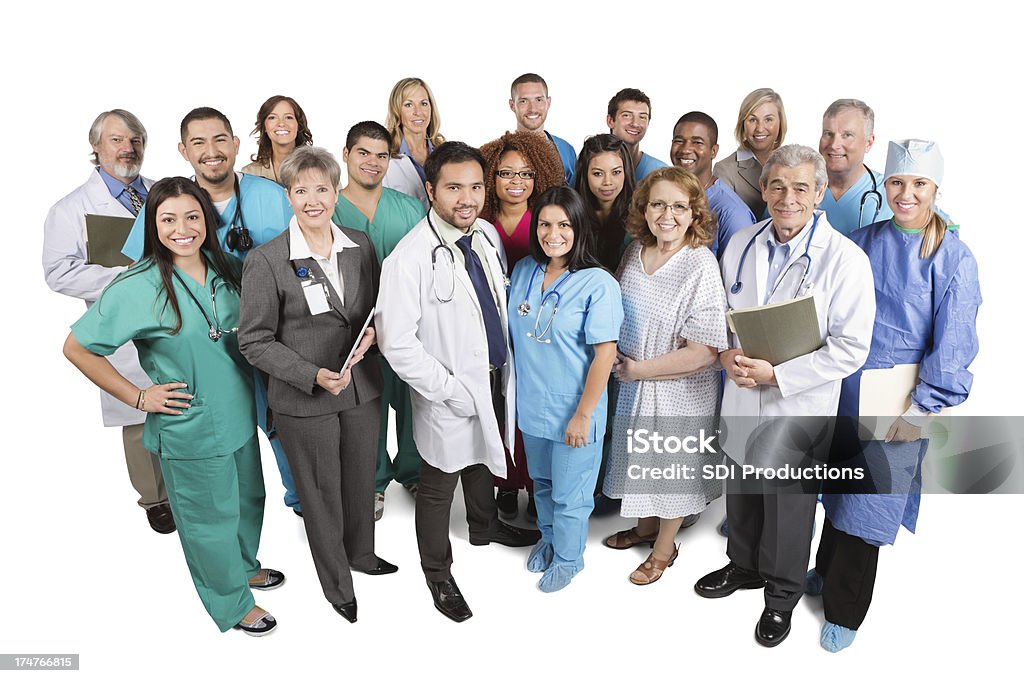 I medici, gli infermieri, il personale ospedaliero, agli amministratori, ai pazienti isolati su sfondo bianco - Foto stock royalty-free di Fotografia da studio