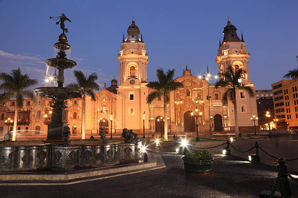 Plaza Mayor and the Cathedral of Lima, Peru "Plaza Mayor and the Cathedral of Lima, Peru at night time." lima stock pictures, royalty-free photos & images