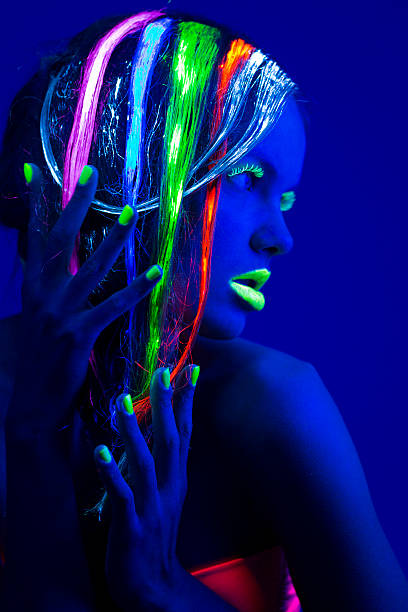 istock Women Portrait with Glowing Multi Colored Hair in Neon Light 174769008