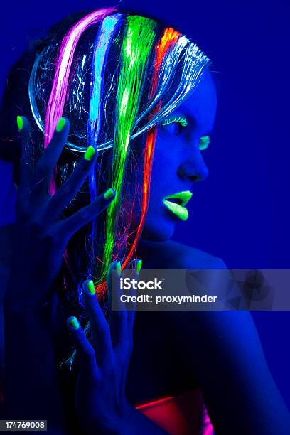 Women Portrait With Glowing Multi Colored Hair In Neon Light Stock Photo - Download Image Now