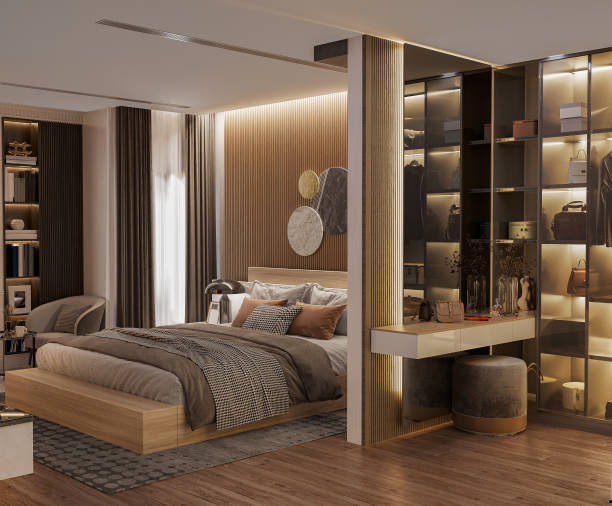 istock 3d rendering modern luxury bedroom side angle with wooden headboard interior design 1747690359