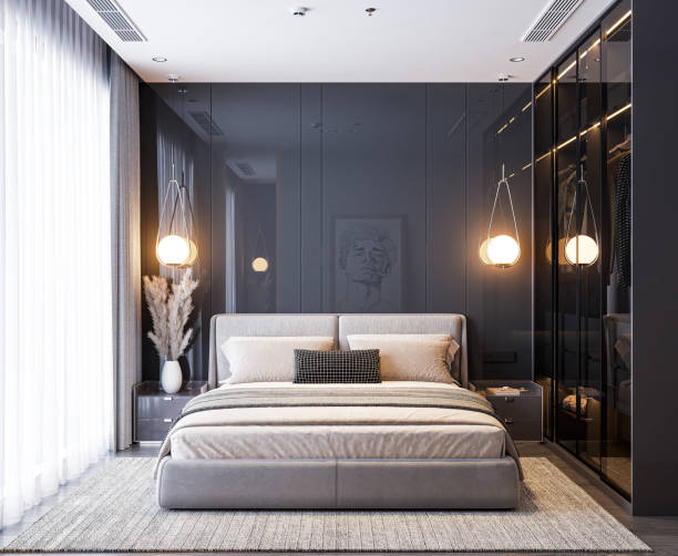 istock Stylish modern black bedroom interior with glass wardrobe, master bed wardrobe with sliding glass doors, hanging lamps. 3d render, illustration 1747690878