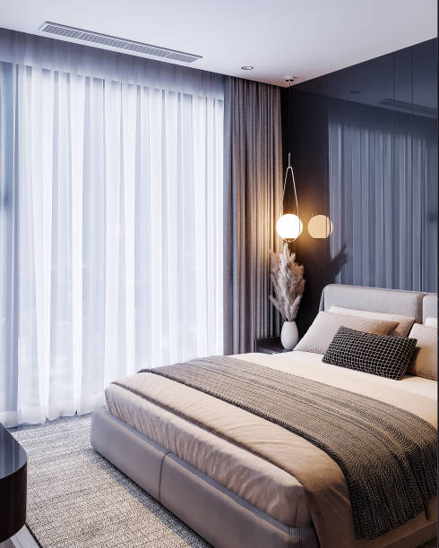 istock Stylish modern black bedroom interior with glass wardrobe, master bed wardrobe with sliding glass doors, hanging lamps. 3d render, illustration 1747690882