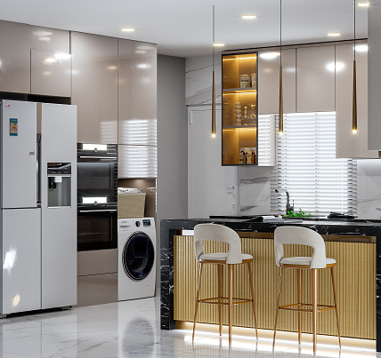 A kitchen cabinet with counter top with refrigerator with washing machine with window