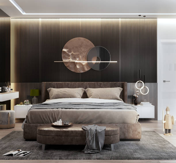istock 3d rendering modern luxury bedroom with wooden headboard with white door interior design 1747691385