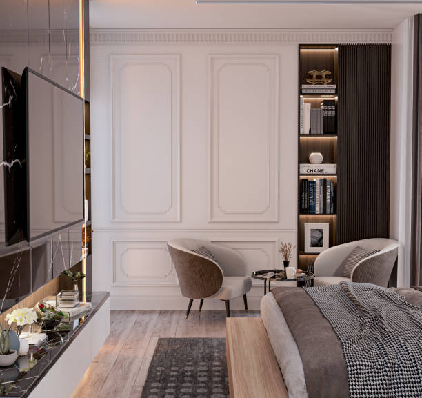 istock modern bedroom interior with dressing table, Bed with bedhead and side table with wall mockup ,Scandinavian style, 3D render, 3D illustration 1747691536