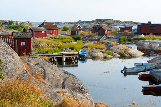 Smogen in Bohuslan, Sweden. A rescue boat is moored by the jetty