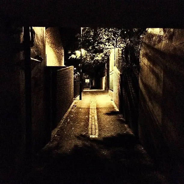 An empty and intimidating back street in North London illuminated by a single street lamp.