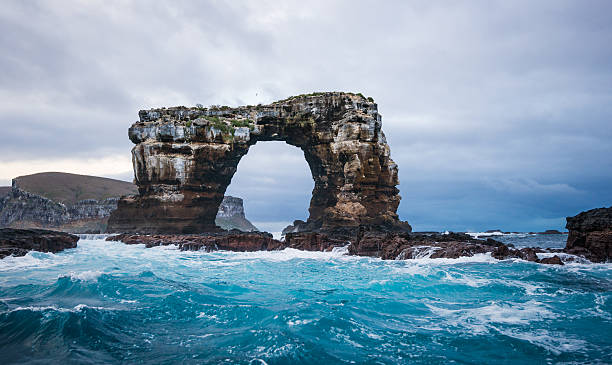 Darwin's Arch being hit by waves with Darwin island behind Darwin Island is named in honor of Charles Darwin, and is among the smallest in the Galapagos Archipelago with an area of just one square kilometer. With no dry landing sites, Darwin Island's main attractions are found in the Pacific Ocean, which is teeming with a spectacular variety of marine life.  natural arch photos stock pictures, royalty-free photos & images