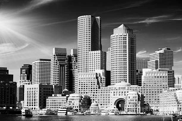 보스턴 skyline.black 및 화이트 - boston skyline panoramic boston harbor 뉴스 사진 이미지