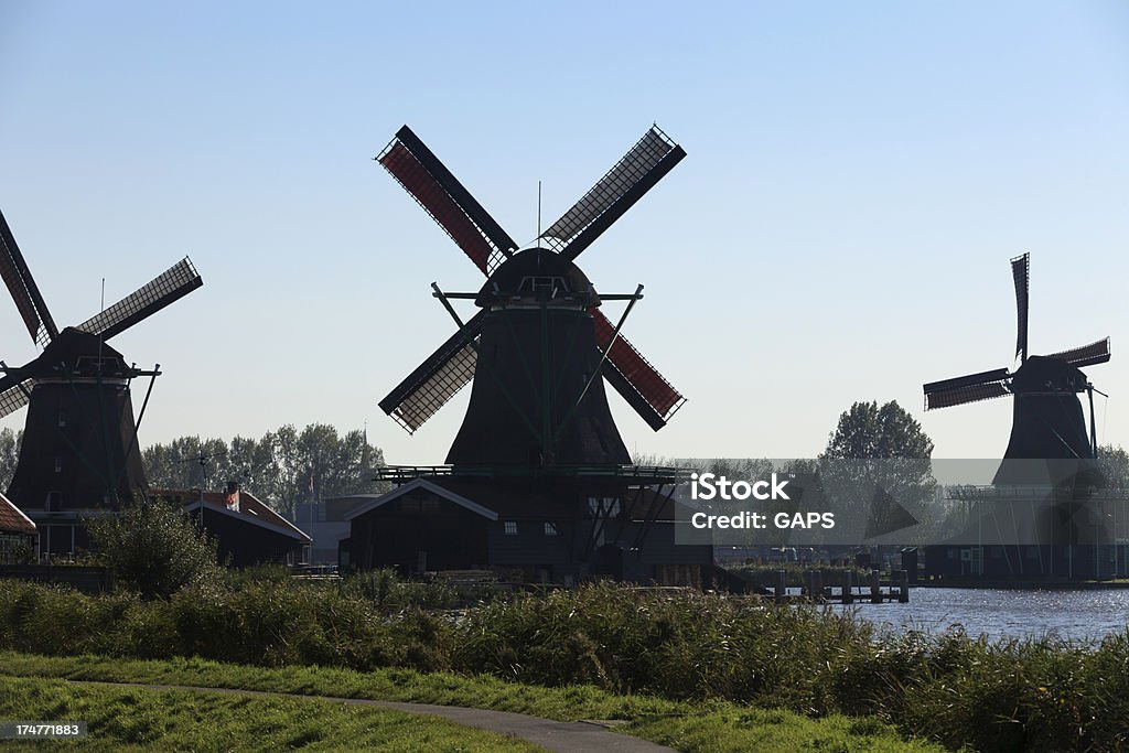 Ritiro storico di mulini a vento in una riga di Zaanse Schans - Foto stock royalty-free di Acqua