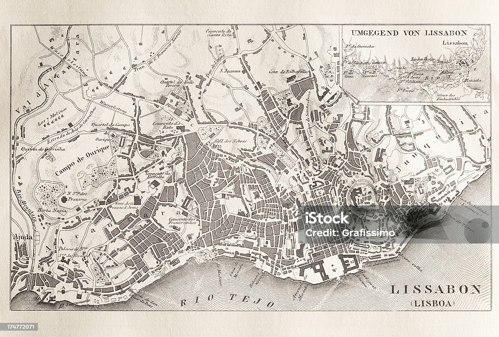 Гравировка antique map of Lisabon Португалии от 1851 - Стоковые иллюстрации XVIII век роялти-фри