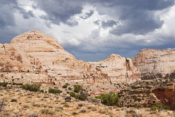 Storm Clouds Over Capitol Dome Capitol Reef National Park is in the desert of southern Utah. The park is filled with cliffs, towers, domes and arches. The first part of the park’s name derives from the many dome shaped Navajo Sandstone formations each of which resembles the US capitol. The second half of the name refers to the parallel impassable ridges which the early settlers called reefs. The first paved road through this area wasn’t constructed until 1962. Central to the area is the famous Waterpocket Fold, a 100-mile wrinkle in the earth, which is 65 million years old and the largest exposed monocline in North America. The Fremont River has carved canyons through some parts of the Waterpocket Fold but the area remains a dry desert. The park is also a showcase for ancient history and the more recent history of the Mormon pioneers. This scene of a dome shaped sandstone formation was photographed from the Hickman Bridge Trail in Capitol Reef National Park near Fruita, Utah, USA. jeff goulden capitol reef national park stock pictures, royalty-free photos & images