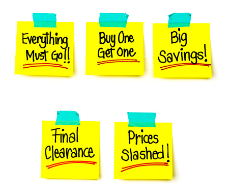 A set of sticky notes each with a hand-written retail message (my own handwriting).