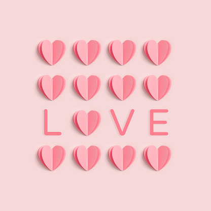 Pink hearts on pink colored background, minimal trend creative pattern with text love, pastel monochrome color layout as valentines day or wedding background. Paper hearts, romantic holiday concept