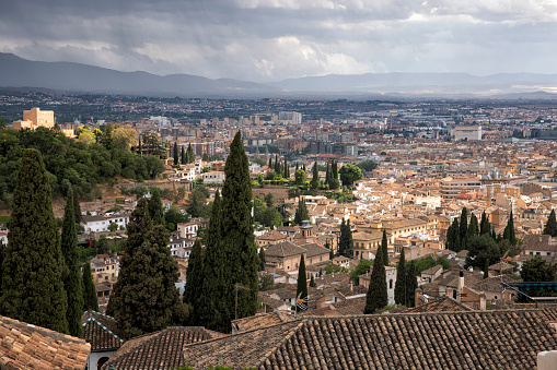 Aerial view of central Granada in a stormy afternoon, Spain