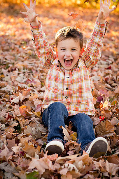 istock Laughing Little Boy Sitting in Autumn Leaves 174772878