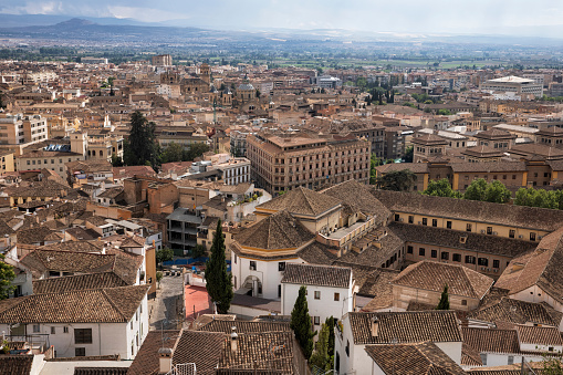 Aerial view of central Granada in a stormy afternoon, Spain