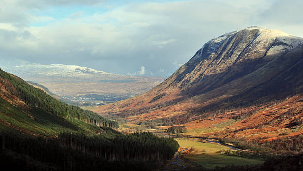 Nevis Valley The Glen Nevis valley near Scotland's highest mountains Ben Nevis during spring time. lochaber stock pictures, royalty-free photos & images