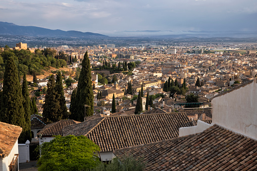 Aerial view of central Granada at sunset, Spain