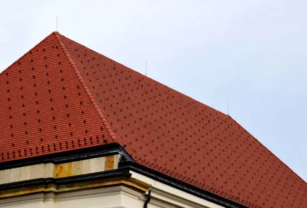 Clay tile roof with steep slope. red brown color. Zink gutter. ridge tiles. metal snow guards and breakers installed in staggered pattern. galvanized metal gutter. blue sky. modern architecture and construction