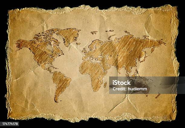 Mapa Świata Na Stary Papier Zużyte - zdjęcia stockowe i więcej obrazów Antyczny - Antyczny, Element projektu, Mapa