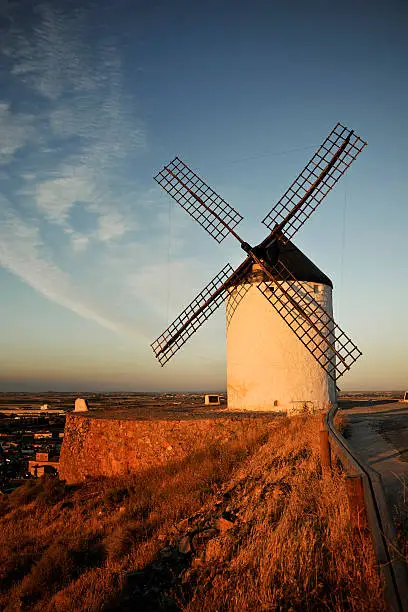 Windmills at sunset in Castilla La Mancha, Spain