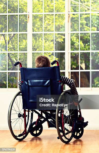 Photo libre de droit de Poignant Backview De Petit Garçon En Fauteuil Roulant En Regardant Le Jardin banque d'images et plus d'images libres de droit de 8-9 ans