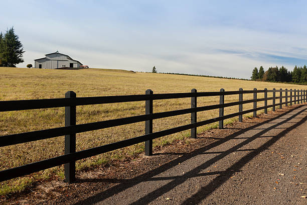 Barn and Fenced Pasture Barn and fenced pasture. rail fence stock pictures, royalty-free photos & images