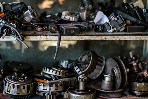 Mechanical repair transmission engine gear in car fix shop