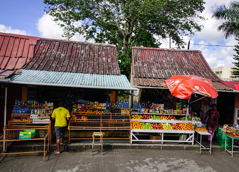 Port Louis, Mauritius - Jan 6, 2017. Grocery stores at countryside in Port Louis, capital of Mauritius. Port Louis is the business and administrative capital of the island.