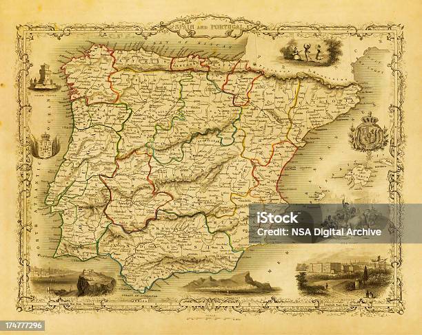 Decorativo Vintage Mappa Della Spagna E Del Portogallo - Immagini vettoriali stock e altre immagini di Carta geografica