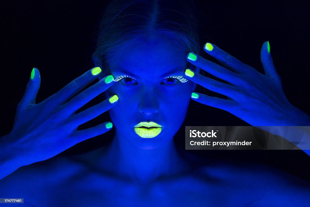 Women Portrait with Lime Green Fingernails in Neon Light Young women portrait in Ultraviolet Light with Lime Green Eyelashes, lips and Fingernails. Fingernail Stock Photo