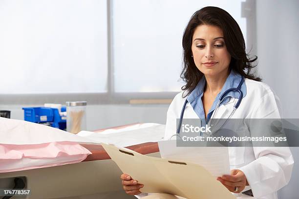 Young Female Doctor Reviewing File In Examination Room Stock Photo - Download Image Now
