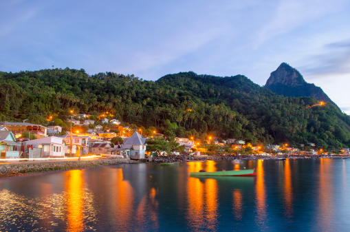 Soufriere St Lucia; breathtaking Piton scenery and bay at dusk