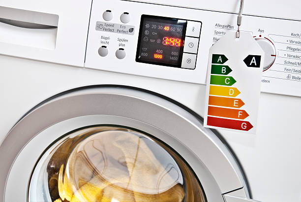 Washing machine with energy efficiency label stock photo