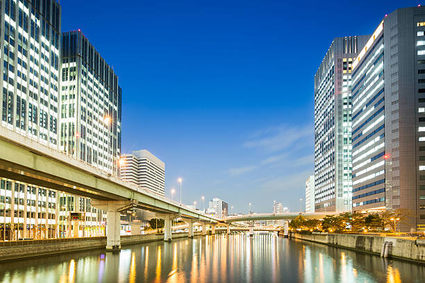 Sunset in business district Osaka, Japan.