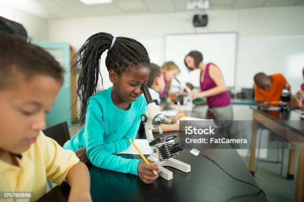 Foto de Jovem Estudante Com Um Microscópio e mais fotos de stock de 6-7 Anos - 6-7 Anos, 8-9 Anos, Adulto