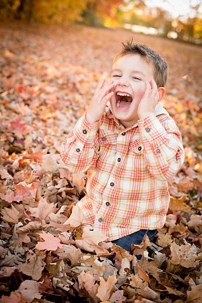 istock Laughing Little Boy Sitting in Autumn Leaves 174781245