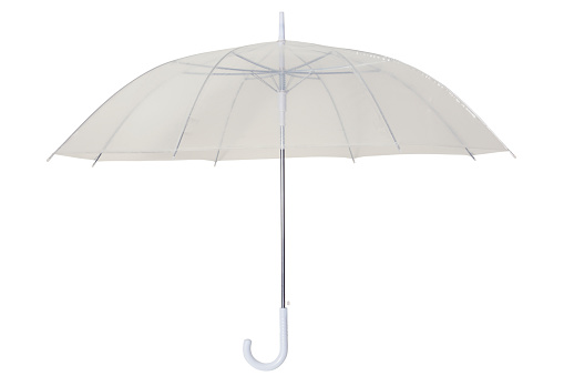 Opened transparent vinyl umbrella isolated on white background with clipping path.