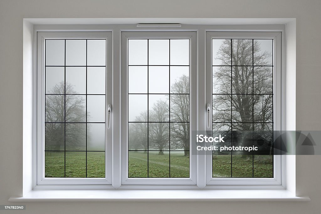 Blanco marco de ventana y wintery vista - Foto de stock de Mirar por la ventana libre de derechos