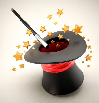 Magician hat and stick with gold stars. Subtle texture in the background to prevent banding.