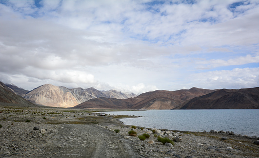 Pangong Lake at sunrise in Ladakh, India. Pangong is an endorheic lake in the Himalayas situated at a height of about 4,350 m.