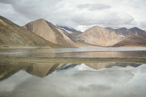 Pangong Lake at sunny day in Ladakh, India. Pangong is an endorheic lake in the Himalayas situated at a height of about 4,350 m.
