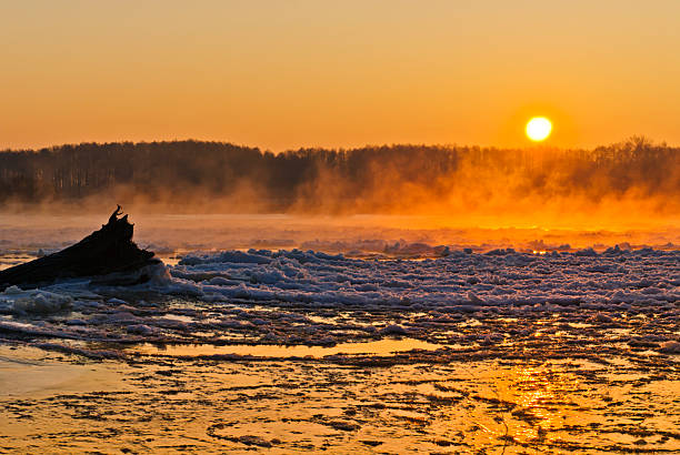 matin d'hiver sur la rivière - ausenaufnahme frost ice ice floe photos et images de collection