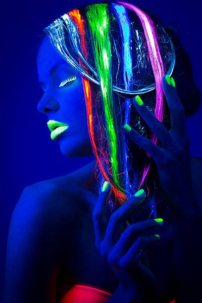 istock Women Portrait with Glowing Multi Colored Hair in Neon Light 174784741