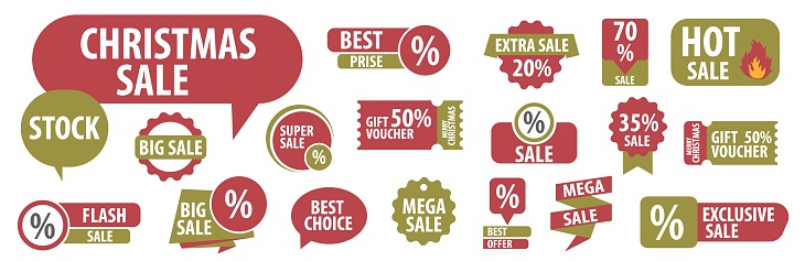 Christmas promotions. Christmas sale tags with different shapes. Texts about a discount for marketing promotions for Christmas holidays. EPS 10.